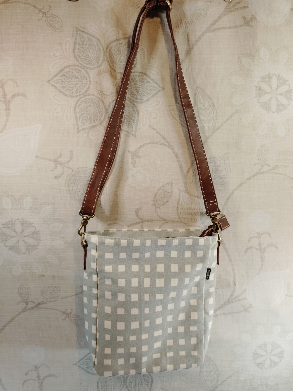 Maika Gray and White Check Crossbody Bag with Brown Strap